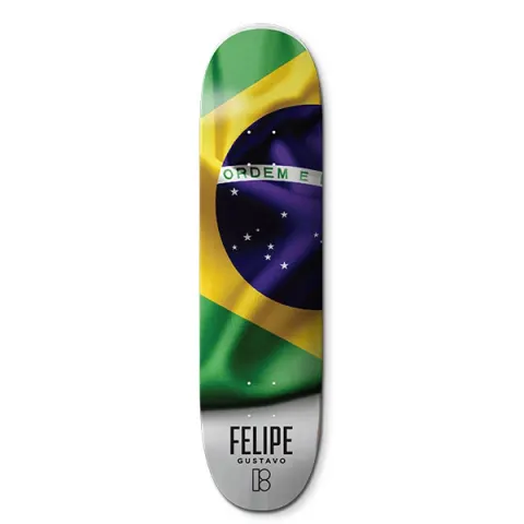 Plan B Felipe Roots 8.0 - Pro skateboard deck: A close-up photographic image of the rippled Brazilian flag with its green field, yellow diamond and blue globe with white stars and a banner reading ORDEM E. The rider name and Plan B logo sit on a silver band at the tail.