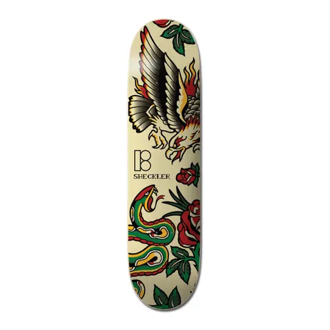 Plan B Ryan Sheckler Tradition - Pro skateboard deck: Cream deck with traditional tattoo-style flash: a swooping eagle with flames, a green and yellow snake rising, and red roses with green leaves. Plan B logo and rider name in the middle.