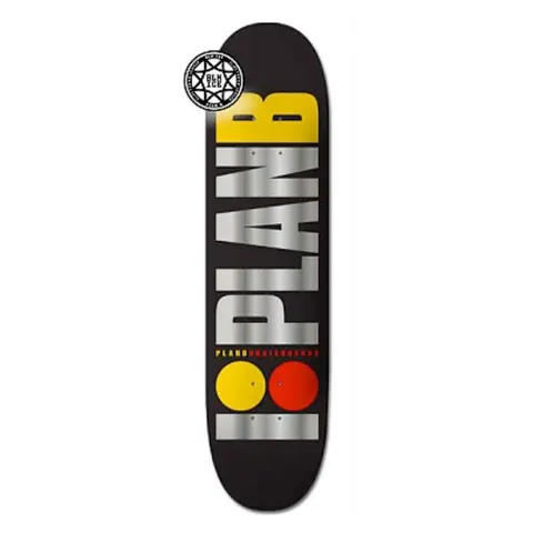 Plan B Team Og Blk Ice - Team skateboard deck: Huge vertical Plan B lettering in chrome silver with a yellow B, over a black deck, with a yellow and a red dot and small red text beneath, and a round sticker at the top.