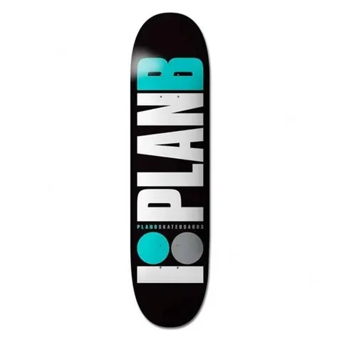 Plan B Team Og Teal - Team skateboard deck: Black deck with huge stacked white PLAN letters and a teal B, over two circle dots in teal and grey, with small Plan B Skateboards text.