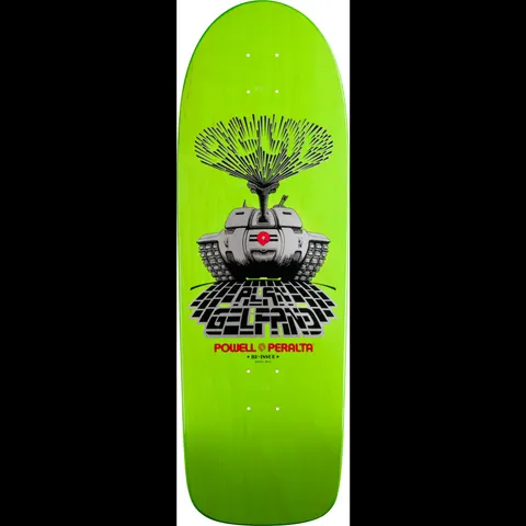 Powell Peralta Alan Gelfand Ollie Tank (Blem) skateboard deck: A grey tank firing a burst of lettering from its barrel, above a distorted chequered perspective floor with 'Alan Gelfand' text, on a lime green deck.