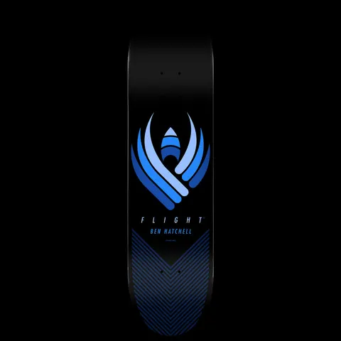 Powell Peralta Ben Hatchell Flight - Shape 249 skateboard deck: A stylised winged emblem built from layered blue curves around a small rocket shape, with FLIGHT and BEN HATCHELL beneath and a chevron line pattern at the tail, on black.