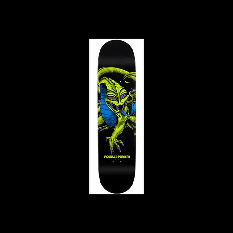 Powell Peralta BL Cab Dragon 1 skateboard deck: A lime green dragon with purple claws and eyes coiled around a blue shell shape, with a blue tongue, on a black deck with the Powell Peralta logo below.