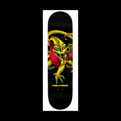 Powell Peralta BL Cab Dragon 4 skateboard deck: A yellow dragon with red inner wing and green eyes and claws, tongue out, coiling across a black deck. Powell Peralta logo at the lower centre.