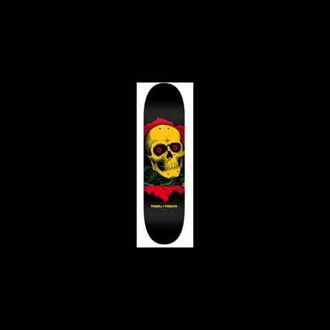 Powell Peralta BL Ripper 6 skateboard deck: A yellow Ripper skull with red eyes and green skeletal body tearing through a red hole in a black deck. Powell Peralta lettering in yellow below.