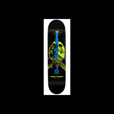 Powell Peralta BL Skull & Sword 3 skateboard deck: A lime green skull with skeletal hands gripping a blue sword that rises through its head to a starburst, on a black deck in blacklight-style colours, with the Powell Peralta logo below.