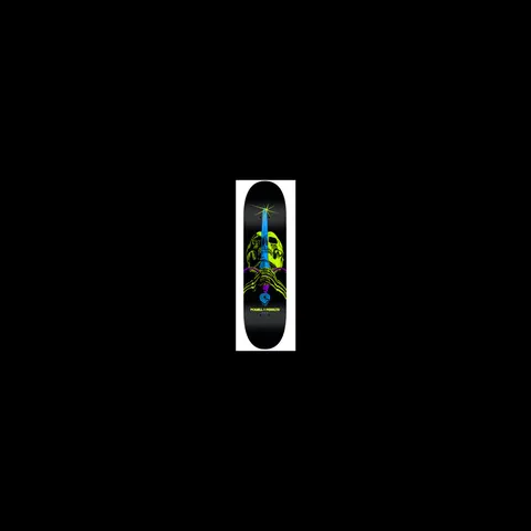Powell Peralta BL Skull & Sword 4 skateboard deck: A neon yellow-green skull with a glowing blue sword rising through it, gripped by purple skeletal hands, on a black deck. Powell Peralta logo below.