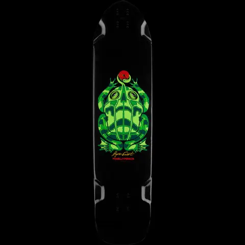 Powell Peralta Byron Essert Frog Blem Black skateboard deck: Black deck in a shaped, cut-out outline with a green frog drawn in a skull-like pattern, a red spiral on its tongue, and a Byron Essert signature above the Powell Peralta name in red.