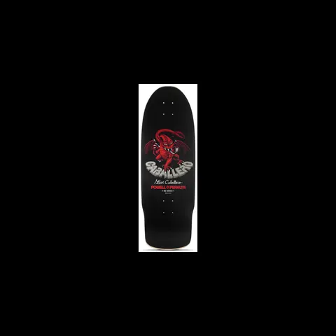 Powell Peralta Cab Dragon II Spoon Nose Black skateboard deck: A red winged dragon crouching above grey CABALLERO lettering, with a signature and Powell Peralta logo beneath, centred on a black spoon-nose deck.