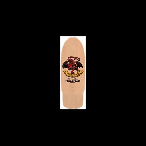Powell Peralta Cab Dragon II Spoon Nose Natural skateboard deck: A red winged dragon with orange claws perched above chunky orange Caballero lettering, with a signature and Powell Peralta logo below, printed on a natural wood old-school deck.