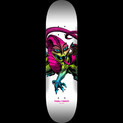 Powell Peralta Cab Dragon Lime Fade / White - Shape 248 skateboard deck: White deck with a clawed dragon creature with a hooded head, coiled tail and open mouth, coloured in a fade from pink through lime green to blue.