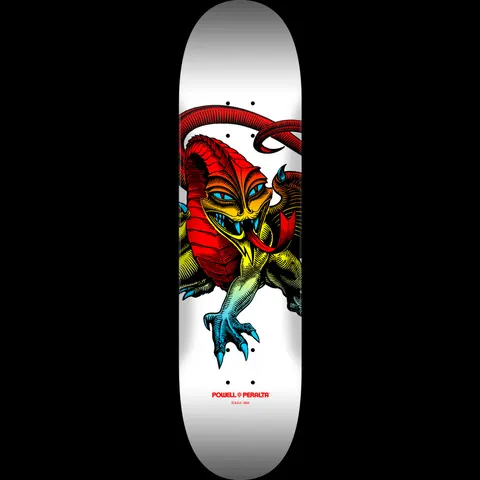 Powell Peralta Cab Dragon Yellow Fade / White - 245 K21 skateboard deck: White deck with a clawed dragon creature with a hooded head, coiled tail and open mouth, coloured in a fade from red through yellow to blue.