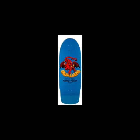 Powell Peralta Caballero Dragon II Blue skateboard deck: A red winged dragon-demon with a curled tail stands above bubble-style orange lettering with a signature and Powell Peralta text, on a blue old-school shaped deck.