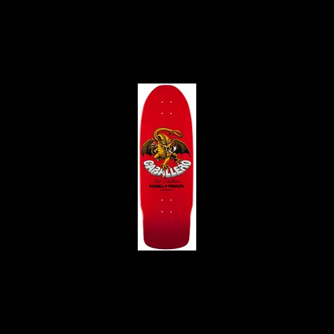 Powell Peralta Caballero Dragon II Red skateboard deck: A gold winged dragon-demon with a curled tail above grey bubble lettering, with a signature and Powell Peralta text, on a red old-school shaped deck.