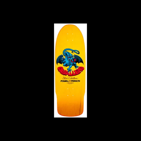 Powell Peralta Caballero Dragon II Yellow skateboard deck: A blue winged dragon with a curling tail perched above red Caballero lettering, with a signature and Powell Peralta logo below, on a yellow old-school shaped deck.