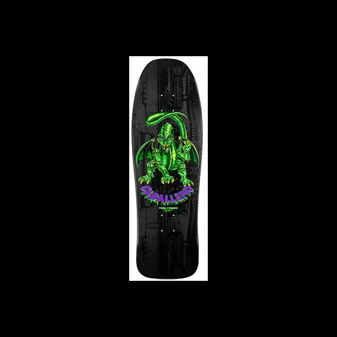 Powell Peralta Caballero Mechanical Dragon Black skateboard deck: A green robotic dragon with wings and a tail standing on its haunches, with purple name lettering curved below, over a dark grey circuit and machinery pattern on a black old-school shaped deck.