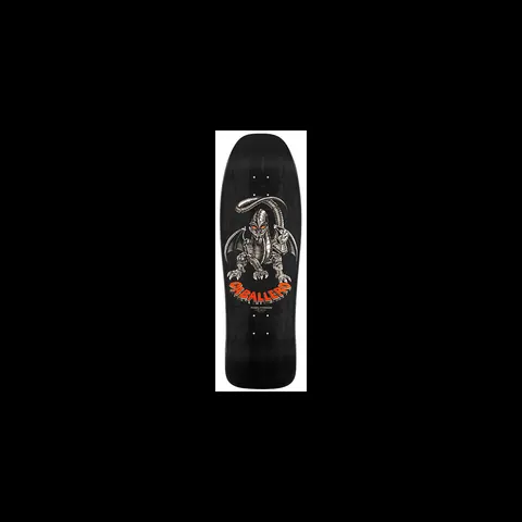Powell Peralta Caballero Mechanical Dragon Black skateboard deck: Old-school shaped black deck with a silver robotic dragon with orange-red eyes and bat-like wings, giving a peace sign, with orange dripping Caballero lettering below.