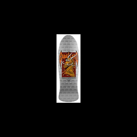 Powell Peralta Caballero Street Silver skateboard deck: An orange dragon head with white horns in a red maze-patterned panel, under orange arched Caballero lettering, on a silver deck with a grey repeating bat-shape pattern.