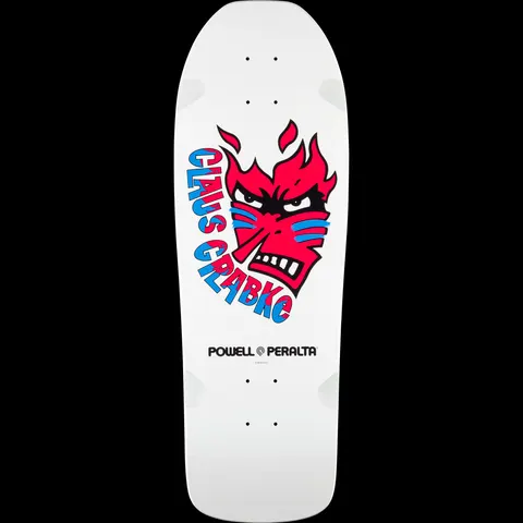 Powell Peralta Claus Grabke Blem Shape 287 SP0 skateboard deck: A red flaming angry face with blue war-paint stripes sits beside the name Claus Grabke in blue and red letters curving down its side. Powell Peralta logo at the bottom of a white old-school deck.