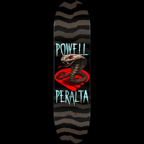 Powell Peralta Cobra Blue - Shape 248 skateboard deck: A brown cobra with red eyes rearing over a red Powell Peralta bones-style logo shape, with large pale blue Powell and Peralta lettering above and below, on a black deck with grey torn stripes.