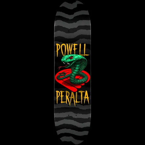 Powell Peralta Cobra Yellow - Shape 249 skateboard deck: A green cobra with a red eye and flared hood coils over a red Powell Peralta emblem, between large yellow lettering reading POWELL above and PERALTA below, on black with grey torn-edge stripes.