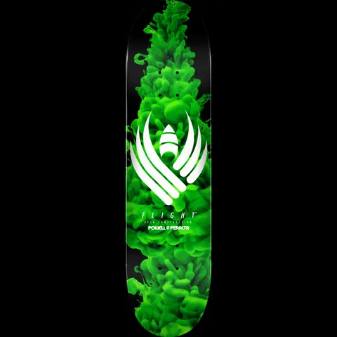 Powell Peralta Color Burst Green Flight - Shape 243 K20 skateboard deck: Black deck with a column of billowing green ink-in-water smoke running the length of the board, with a white winged Powell Peralta emblem over the top and FLIGHT deck construction beneath.