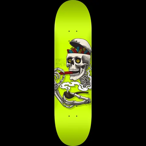 Powell Peralta Curb Skelly Lime - Shape 249 skateboard deck: Skeleton with the top of its skull open showing coloured pencils or crayons inside, smoking a pipe and holding a red cigar, with smoke curling, on a lime green deck. Powell Peralta name printed vertically beside it.