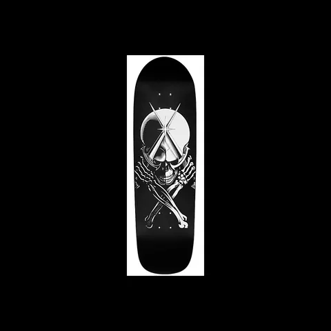 Powell Peralta Daggers skateboard deck: A white skull with crossed bones and skeletal hands holds two crossed daggers in front of a large pale circle, with star glints on the blades, on a black deck.