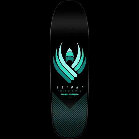 Powell Peralta Flight - Shape 192 skateboard deck: Teal-toned winged emblem with a rocket-like centre on a black deck, with Flight deck construction and Powell Peralta text beneath and a chevron of fine lines at the tail.