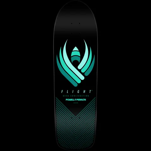 Powell Peralta Flight - Shape 280 skateboard deck: A teal winged emblem with a small rocket-like centre sits above Flight Deck Construction text and the Powell Peralta name, with a chevron of fine teal stripes at the tail on a black deck.