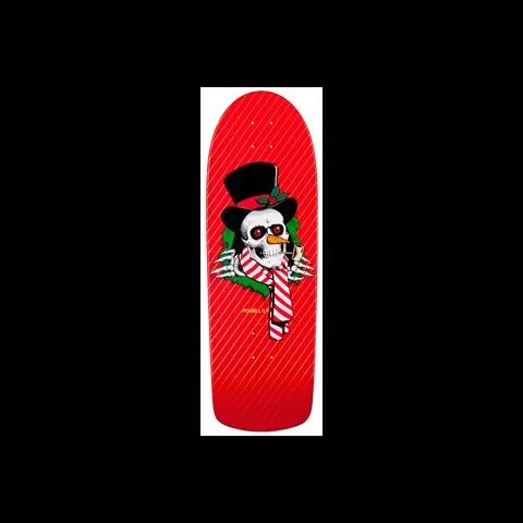Powell Peralta Frosty Ripper Limited skateboard deck: A skull in a black top hat with holly, carrot nose, pipe and red-and-white striped scarf, bursting through a torn hole as a snowman Ripper, on a red deck with fine diagonal pinstripes.