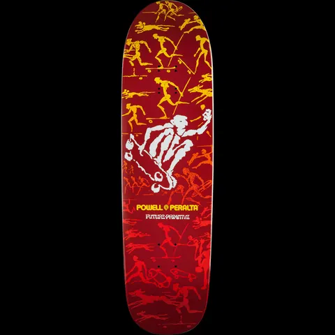 Powell Peralta Future Primitive Red skateboard deck: Red deck with a large white stylised skater mid-air, surrounded by repeating tribal-style running and skating figures fading from yellow at the nose to red at the tail. Powell Peralta and Future Primitive text.