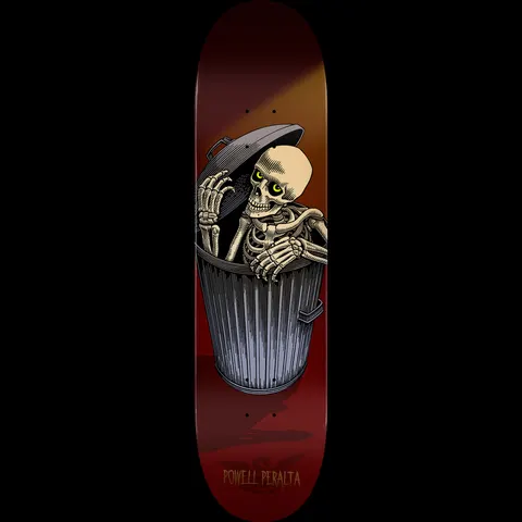 Powell Peralta Garbage Can Skelly Burgundy - Shape 243 skateboard deck: Skeleton with green eyes lifting the lid of a metal dustbin and peering out, against a burgundy background with a yellow spotlight glow. Powell Peralta name and small bat dragon logo at the tail.