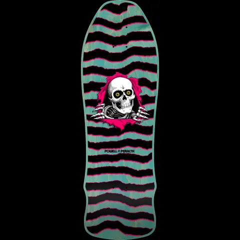Powell Peralta GeeGah Ripper Teal Stain skateboard deck: Smiling skull with yellow eyes and skeletal hands tearing through a hot pink rip, set on a teal-stained deck with jagged black and pink horizontal stripes. Powell Peralta logo beneath.
