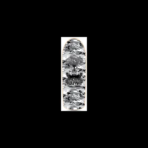 Powell Peralta Gelfand Snow Camo skateboard deck: Tank with a tree-like burst of lines from its turret, with name lettering over a grid, on a grey, white and black snow camouflage pattern.