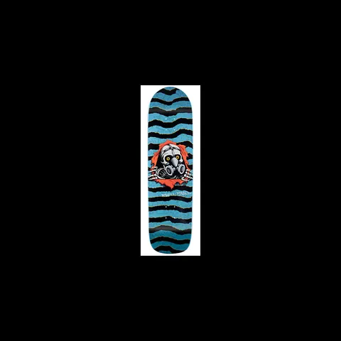Powell Peralta Graffiti Ripper Blue skateboard deck: A skull in a gas mask with skeletal hands tears through the deck from an orange ripped-paper hole, set against wavy torn-looking bands of blue and black. A small graffiti-style logo sits below the skull.
