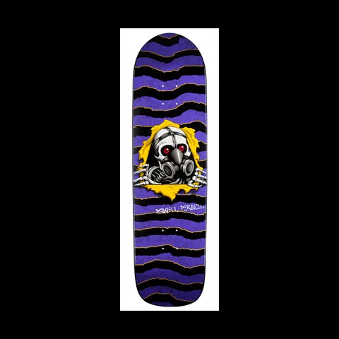 Powell Peralta Grafitti Ripper Purple skateboard deck: Purple and black torn-stripe deck with a skull wearing a gas mask and red eyes bursting through a yellow ripped hole, skeletal hands gripping the edges. Powell Peralta in graffiti-style lettering below.
