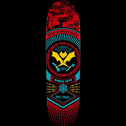 Powell Peralta Guest Artist Winston Smith 2 skateboard deck: A collage-style emblem with a yellow bat holding crossed implements in a red and cyan ring, with Keeping the Homeland Insecure and Since 1979 banners, above a montage of newspaper headlines and faces, on a black deck.