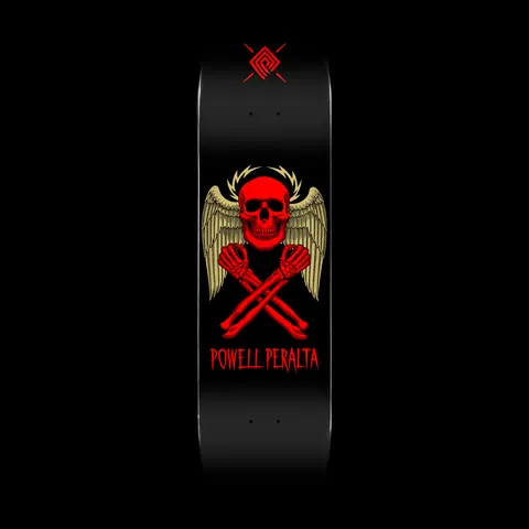 Powell Peralta Halo Bolt Black - Shape 248 skateboard deck: Red skull with golden wings and a barbed halo above crossed skeleton arms, centred on a black deck. A small red Powell Peralta emblem sits at the top and the brand name is printed below the skull.