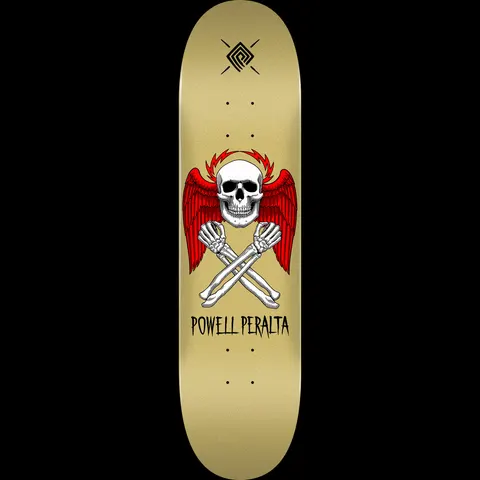 Powell Peralta Halo Bolt Gold - Shape 247 skateboard deck: White skull with red wings and a spiky red halo above crossed skeleton arms, on a gold deck. Powell Peralta name in black below and a small square logo at the top.