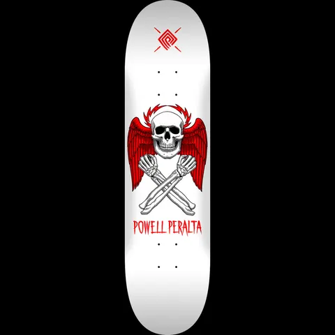 Powell Peralta Halo Bolt White - Shape 249 skateboard deck: Skull with red wings and a red halo-like lightning bolt crown, its skeletal arms crossed beneath. Powell Peralta name in red lettering below and a small red logo at the top, on white.