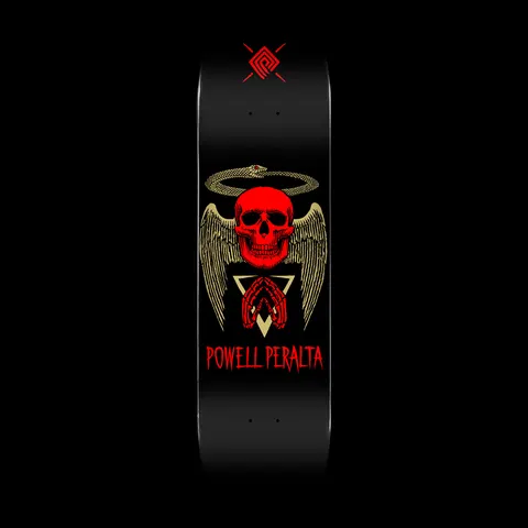 Powell Peralta Halo Snake Blem Black 243 K20 skateboard deck: A red skull with gold feathered wings and a gold snake forming a halo above it, over red skeletal praying hands in a gold triangle. Powell Peralta in red below, on black.