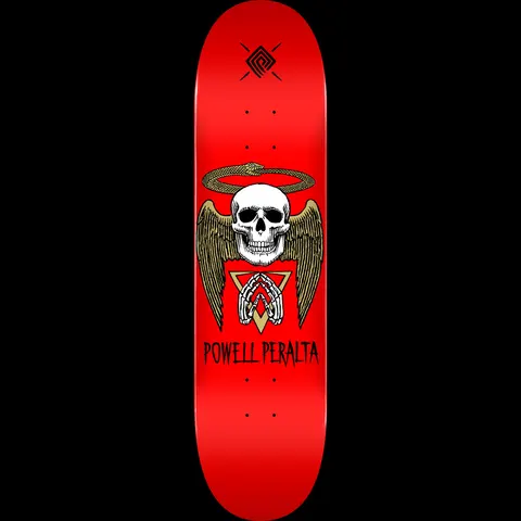 Powell Peralta Halo Snake Blem Red 242 K20 skateboard deck: A white skull with gold feathered wings and a gold snake forming a halo above it, over white skeletal praying hands in a gold triangle. Powell Peralta in black below, on a red deck.