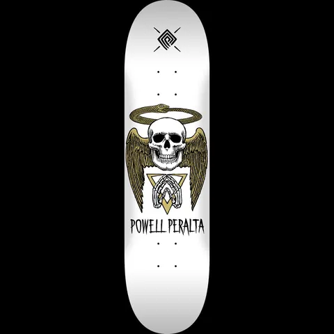 Powell Peralta Halo Snake White - Shape 244 skateboard deck: Skull with golden wings and a snake forming a halo above, with skeletal hands in prayer over a triangle motif, on a white deck. Powell Peralta name below and a small emblem at the top.