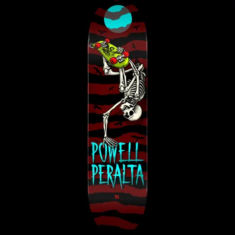 Powell Peralta Handplant Skelly Burgundy - Shape 243 skateboard deck: A skeleton performing a handplant while holding a lime green skateboard with red wheels, under a teal moon, over burgundy and black torn stripes with birds, and teal lettering below.