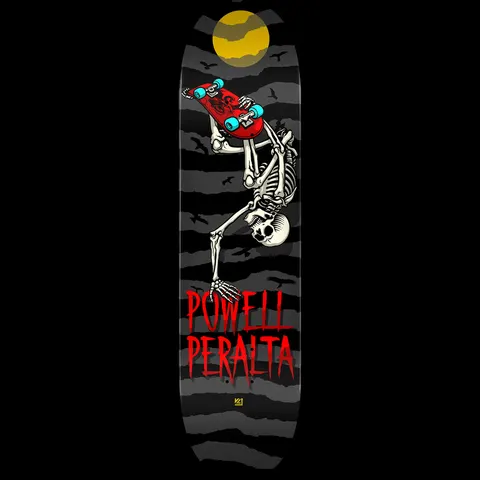 Powell Peralta Handplant Skelly Charcoal - Shape 242 skateboard deck: A skeleton does a one-handed handplant holding a red skateboard with teal wheels, beneath a yellow moon and flying birds, above red POWELL PERALTA lettering, on a charcoal torn-stripe deck.