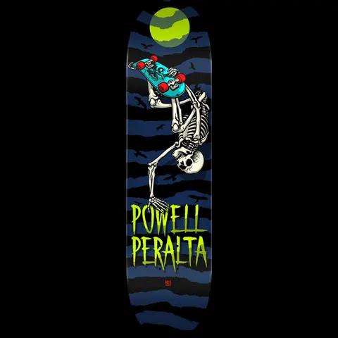 Powell Peralta Handplant Skelly Navy Shape 247 K20 skateboard deck: A skeleton performing a handplant while holding a teal skateboard with red wheels, under a lime green moon, over navy and black torn stripes with birds, and lime lettering below.