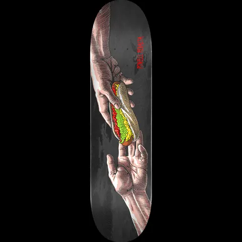 Powell Peralta Hands skateboard deck: Engraving-style drawing of two outstretched hands reaching toward each other, in the manner of the Creation of Adam, with a hot dog laden with relish, mustard and ketchup between them. Grey-black deck with red Powell Peralta text.
