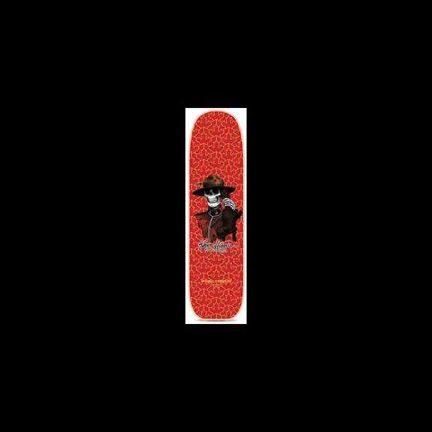 Powell Peralta Harris Mountie Red skateboard deck: A skeleton in a Mountie hat and red tunic strokes a bear cub, set on a red deck patterned with repeating maple leaves, with a signature and Powell Peralta text below.