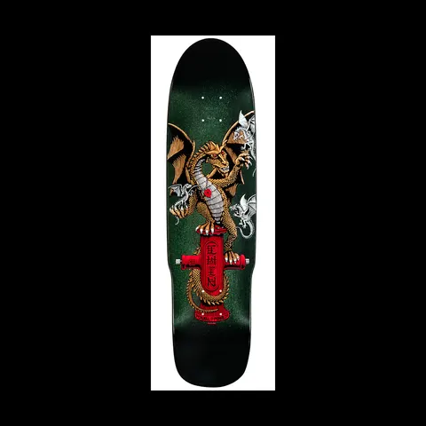 Powell Peralta Hydrant Dragon 2 skateboard deck: A golden-brown winged dragon coiled around a red fire hydrant with Chinese characters, with small silver dragons around it, on a dark metallic green deck.